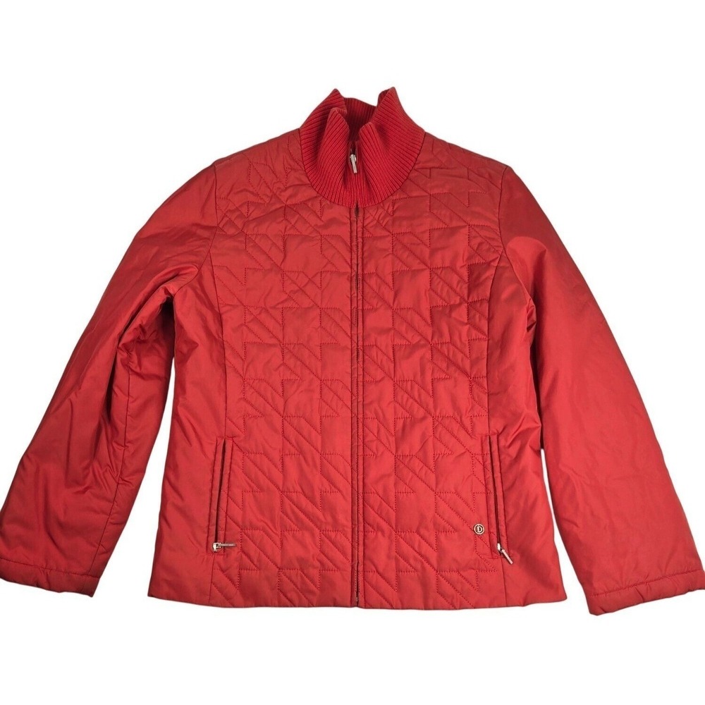 VINTAGE DAKS-GOLF M Quilted Jacket Full Zip Red Geometric‎ Ribbed Collar 2005